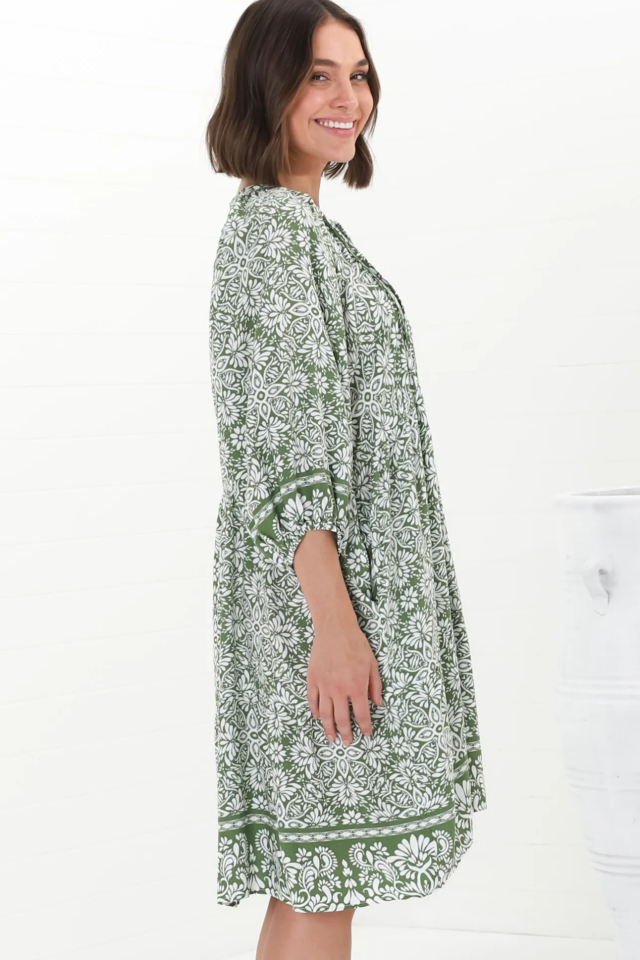 Juddy Mini Dress - Batwing Sleeve Smock Dress with Lace Detailing in Harley Print Green>Salty Crush New