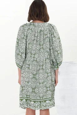 Juddy Mini Dress - Batwing Sleeve Smock Dress with Lace Detailing in Harley Print Green><noscript><img width=