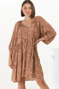 Juddy Mini Dress - Batwing Sleeve Smock Dress with Lace Detailing in Khalid Print Rust>Salty Crush Hot