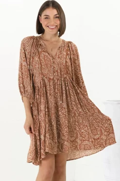 Juddy Mini Dress - Batwing Sleeve Smock Dress with Lace Detailing in Khalid Print Rust>Salty Crush Hot