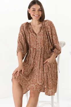 Juddy Mini Dress - Batwing Sleeve Smock Dress with Lace Detailing in Khalid Print Rust><noscript><img width=