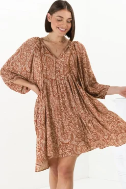 Juddy Mini Dress - Batwing Sleeve Smock Dress with Lace Detailing in Khalid Print Rust><noscript><img width=