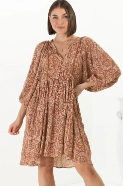 Juddy Mini Dress - Batwing Sleeve Smock Dress with Lace Detailing in Khalid Print Rust><noscript><img width=