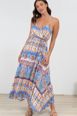 Judy Maxi Dress - Cross Bodice Sun Dress with Matching Belt in Belly Print>Salty Crush Clearance