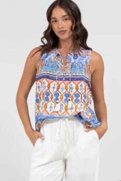 Kalari Top - Sleeveless Mandarin Collar with Tassel & Bells Neck Tie in Belly Print><noscript><img width=