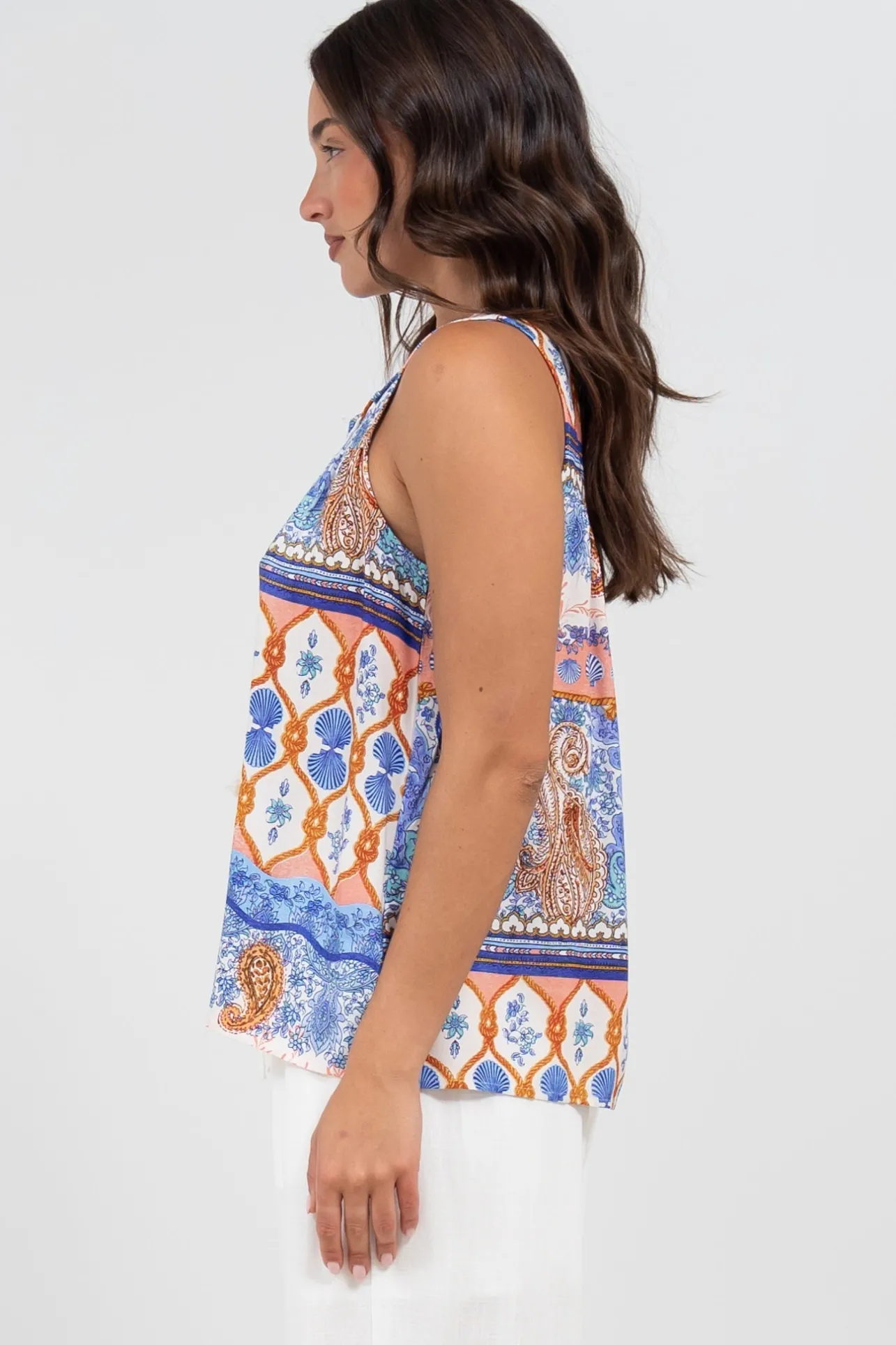 Kalari Top - Sleeveless Mandarin Collar with Tassel & Bells Neck Tie in Belly Print>Salty Crush