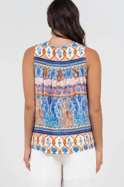 Kalari Top - Sleeveless Mandarin Collar with Tassel & Bells Neck Tie in Belly Print><noscript><img width=