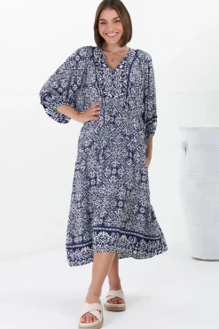 Kamali Midi Dress - Batwing Sleeve Smock Dress with Lace Detailing in Harley Print Blue>Salty Crush Online