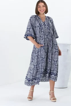 Kamali Midi Dress - Batwing Sleeve Smock Dress with Lace Detailing in Harley Print Blue><noscript><img width=