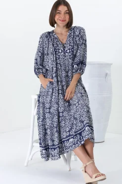 Kamali Midi Dress - Batwing Sleeve Smock Dress with Lace Detailing in Harley Print Blue><noscript><img width=