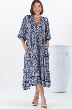 Kamali Midi Dress - Batwing Sleeve Smock Dress with Lace Detailing in Harley Print Blue><noscript><img width=