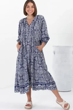 Kamali Midi Dress - Batwing Sleeve Smock Dress with Lace Detailing in Harley Print Blue><noscript><img width=