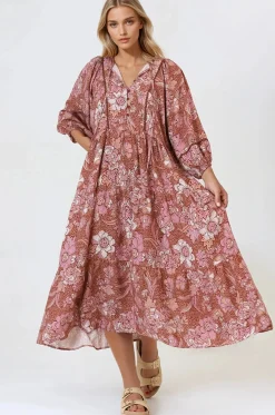 Kamali Midi Dress - Batwing Sleeve Smock Dress with Lace Detailing in Luedi Print in Rust>Salty Crush Discount