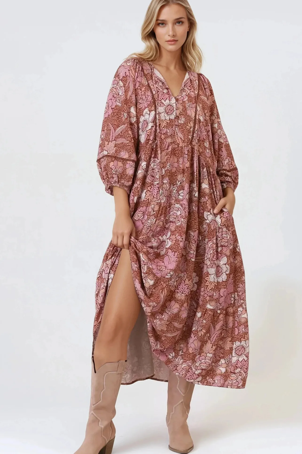 Kamali Midi Dress - Batwing Sleeve Smock Dress with Lace Detailing in Luedi Print in Rust>Salty Crush Discount