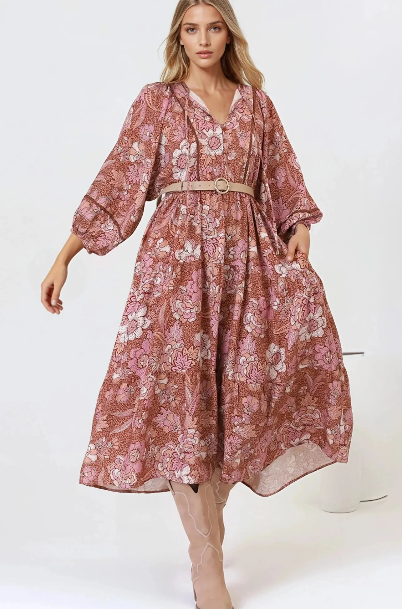 Kamali Midi Dress - Batwing Sleeve Smock Dress with Lace Detailing in Luedi Print in Rust>Salty Crush Discount