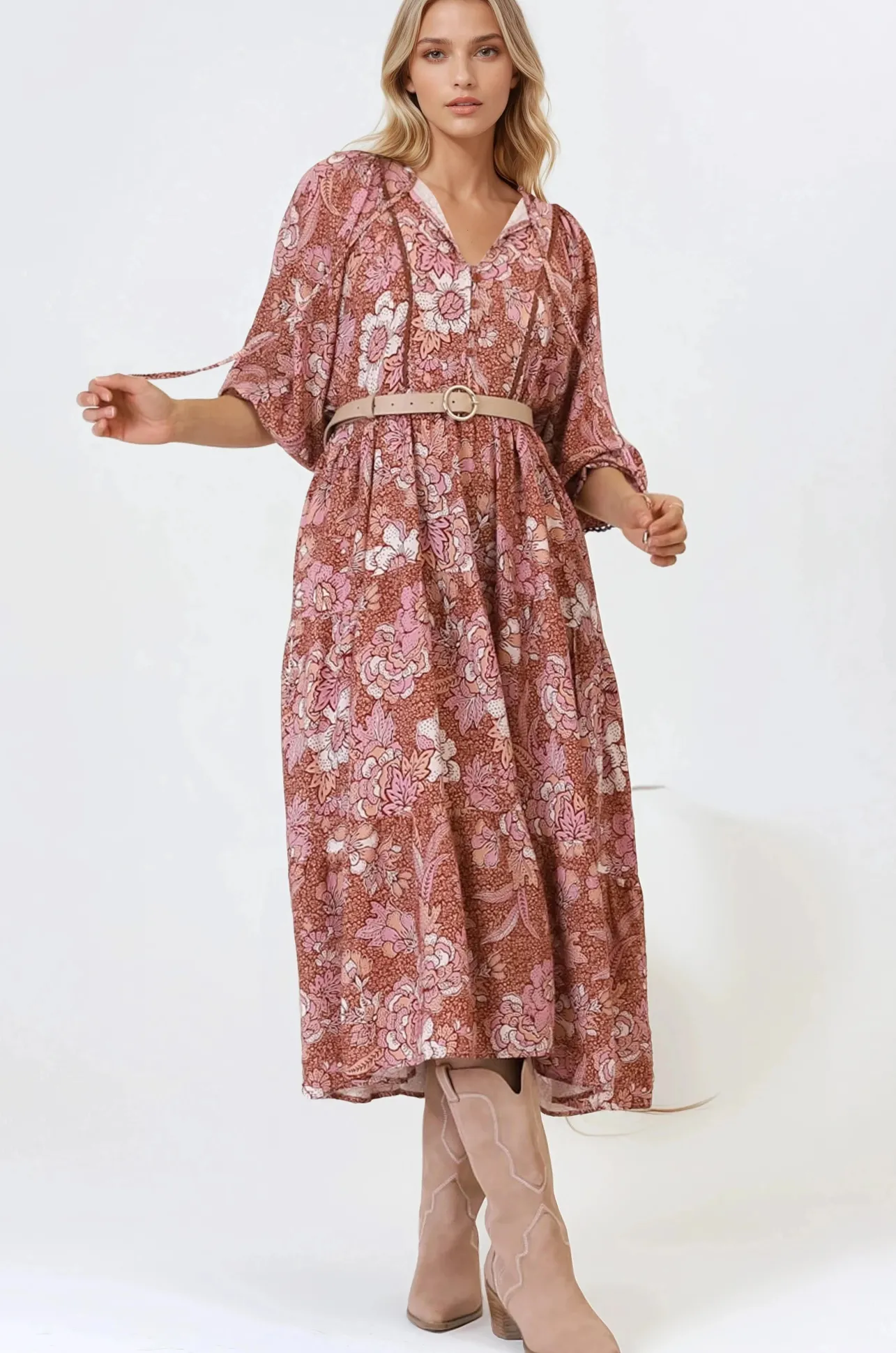 Kamali Midi Dress - Batwing Sleeve Smock Dress with Lace Detailing in Luedi Print in Rust>Salty Crush Discount