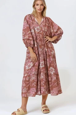 Kamali Midi Dress - Batwing Sleeve Smock Dress with Lace Detailing in Luedi Print in Rust><noscript><img width=