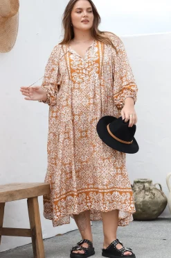 Kamali Midi Dress - Batwing Sleeve Smock Dress with Lace Detailing in Harley Print Rust>Salty Crush Clearance