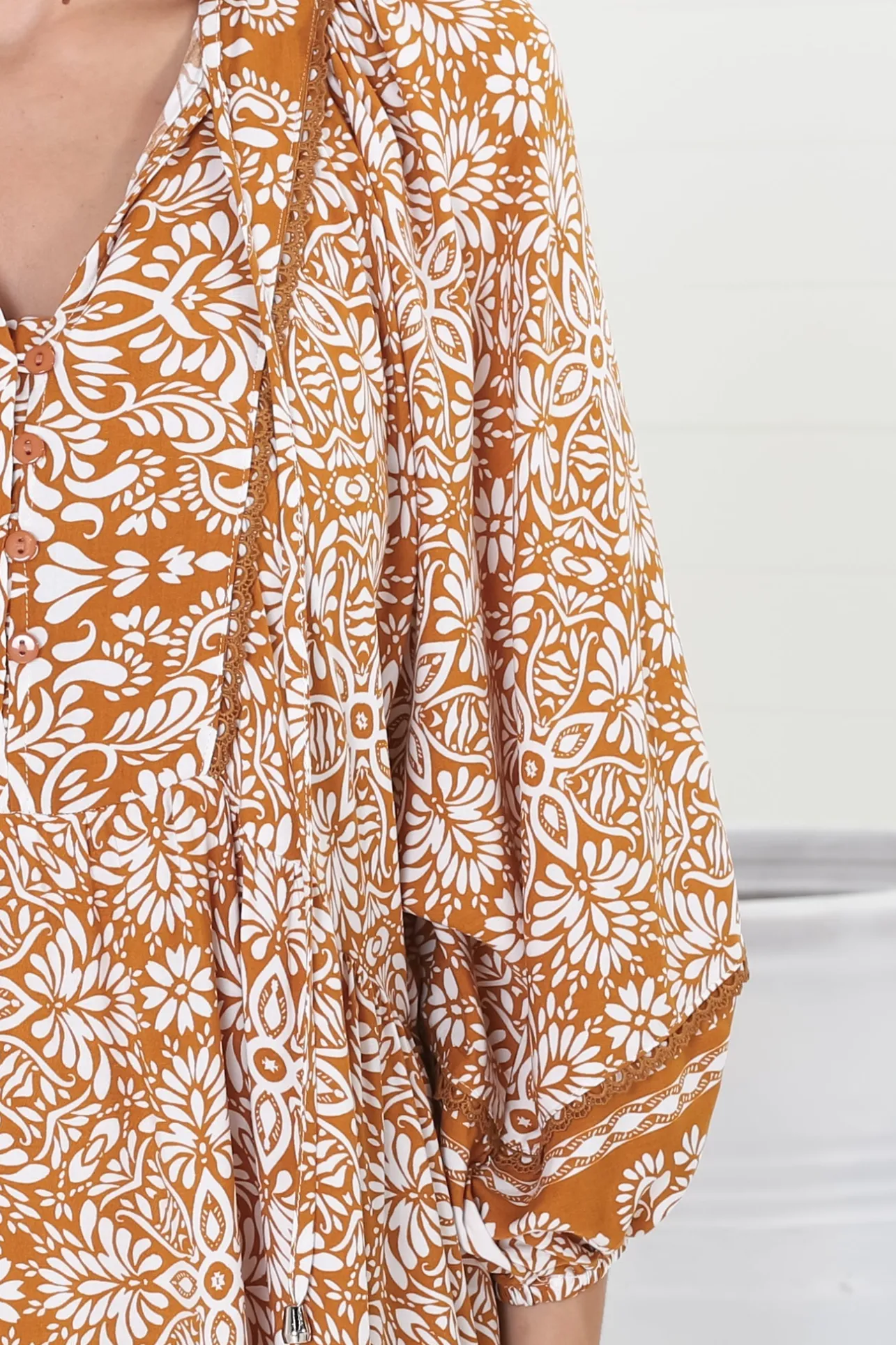 Kamali Midi Dress - Batwing Sleeve Smock Dress with Lace Detailing in Harley Print Rust>Salty Crush Clearance