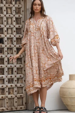 Kamali Midi Dress - Batwing Sleeve Smock Dress with Lace Detailing in Harley Print Rust><noscript><img width=