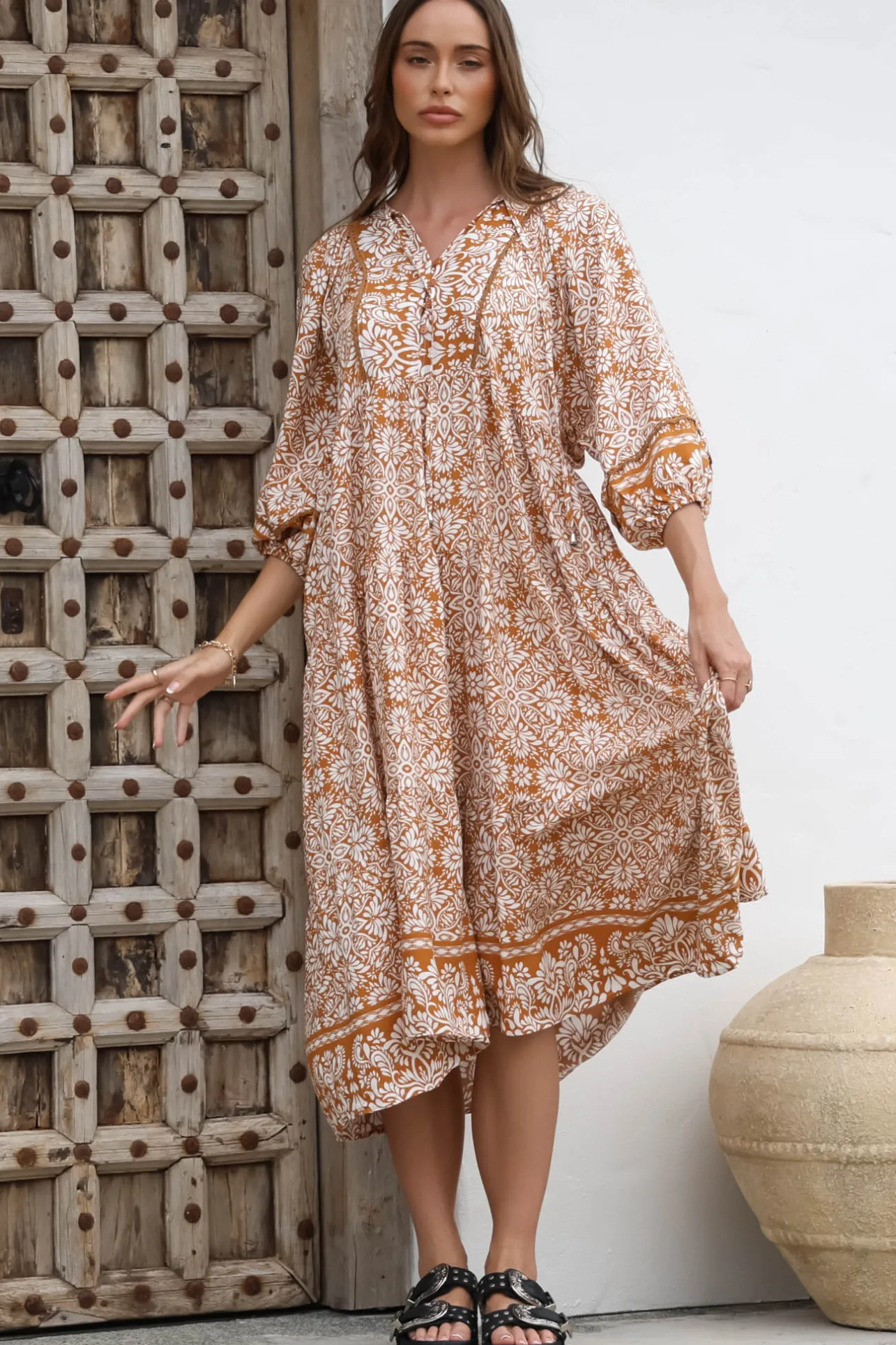 Kamali Midi Dress - Batwing Sleeve Smock Dress with Lace Detailing in Harley Print Rust>Salty Crush Clearance