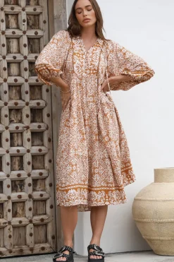 Kamali Midi Dress - Batwing Sleeve Smock Dress with Lace Detailing in Harley Print Rust><noscript><img width=