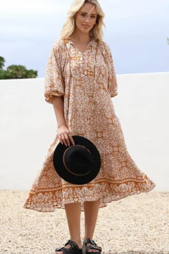 Kamali Midi Dress - Batwing Sleeve Smock Dress with Lace Detailing in Harley Print Rust><noscript><img width=