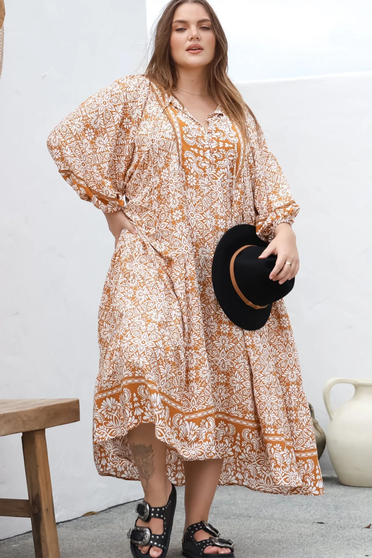 Kamali Midi Dress - Batwing Sleeve Smock Dress with Lace Detailing in Harley Print Rust>Salty Crush Clearance