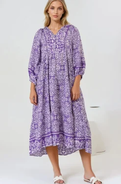 Kamali Midi Dress - Batwing Sleeve Smock Dress with Lace Detailing in Harley Print Purple>Salty Crush Sale