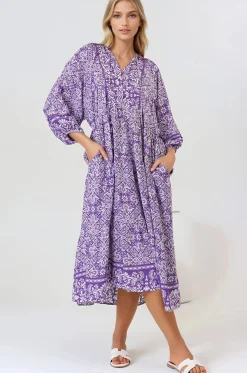 Kamali Midi Dress - Batwing Sleeve Smock Dress with Lace Detailing in Harley Print Purple><noscript><img width=