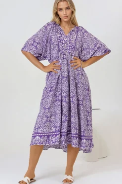 Kamali Midi Dress - Batwing Sleeve Smock Dress with Lace Detailing in Harley Print Purple><noscript><img width=