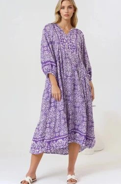 Kamali Midi Dress - Batwing Sleeve Smock Dress with Lace Detailing in Harley Print Purple><noscript><img width=
