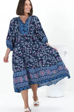 Kamali Midi Dress - Batwing Sleeve Smock Dress with Lace Detailing in Thanya Print Blue>Salty Crush Discount