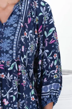 Kamali Midi Dress - Batwing Sleeve Smock Dress with Lace Detailing in Thanya Print Blue><noscript><img width=