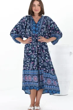 Kamali Midi Dress - Batwing Sleeve Smock Dress with Lace Detailing in Thanya Print Blue><noscript><img width=