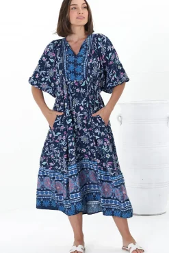 Kamali Midi Dress - Batwing Sleeve Smock Dress with Lace Detailing in Thanya Print Blue><noscript><img width=