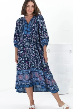 Kamali Midi Dress - Batwing Sleeve Smock Dress with Lace Detailing in Thanya Print Blue><noscript><img width=