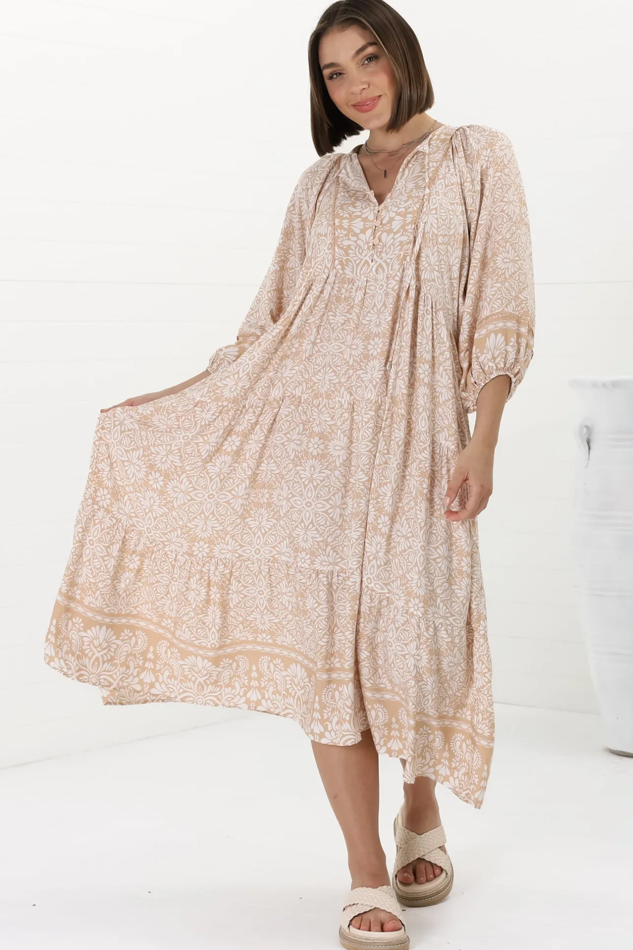 Kamali Midi Dress - Batwing Sleeve Smock Dress with Lace Detailing in Harley Print Beige>Salty Crush Online