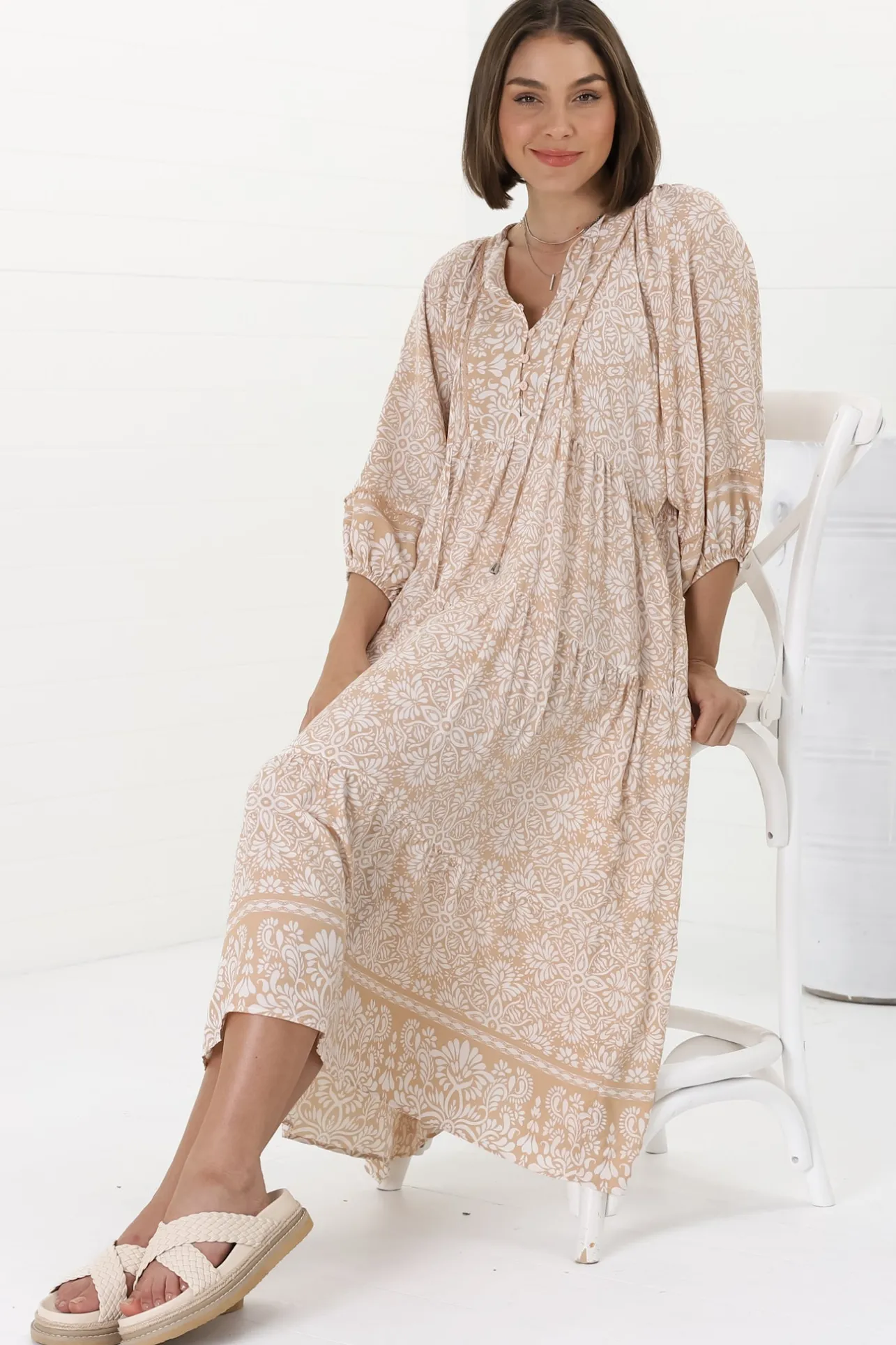 Kamali Midi Dress - Batwing Sleeve Smock Dress with Lace Detailing in Harley Print Beige>Salty Crush Online