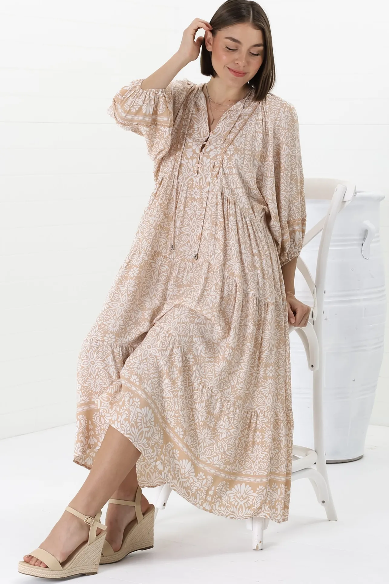 Kamali Midi Dress - Batwing Sleeve Smock Dress with Lace Detailing in Harley Print Beige>Salty Crush Online