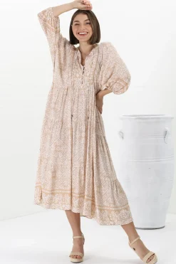 Kamali Midi Dress - Batwing Sleeve Smock Dress with Lace Detailing in Harley Print Beige><noscript><img width=