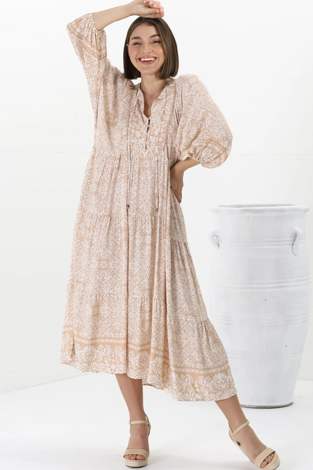 Kamali Midi Dress - Batwing Sleeve Smock Dress with Lace Detailing in Harley Print Beige>Salty Crush Online