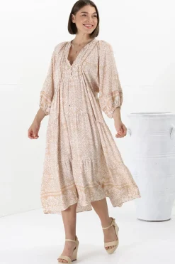 Kamali Midi Dress - Batwing Sleeve Smock Dress with Lace Detailing in Harley Print Beige><noscript><img width=
