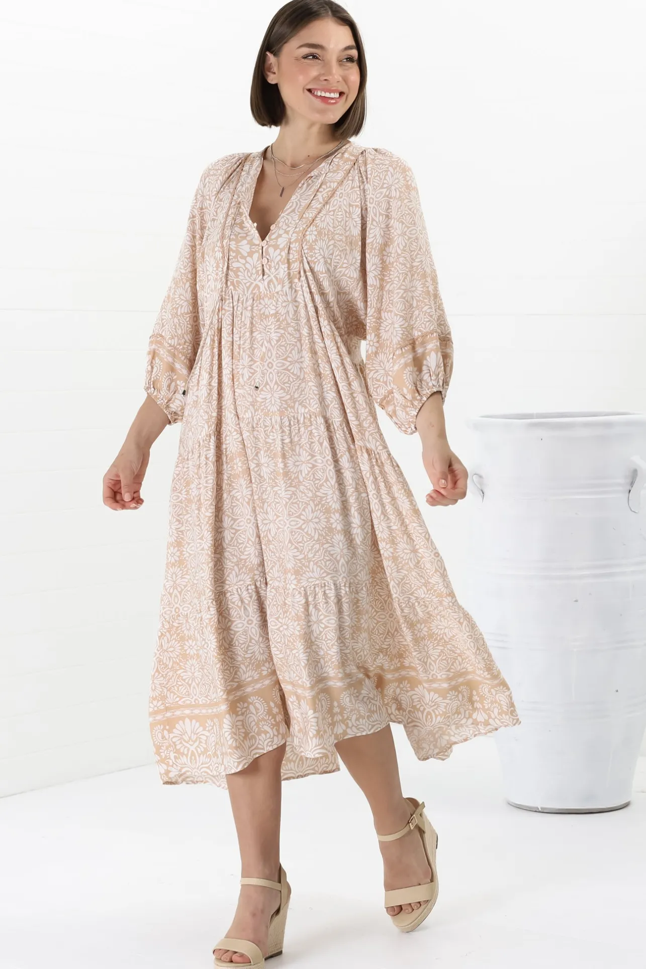 Kamali Midi Dress - Batwing Sleeve Smock Dress with Lace Detailing in Harley Print Beige>Salty Crush Online
