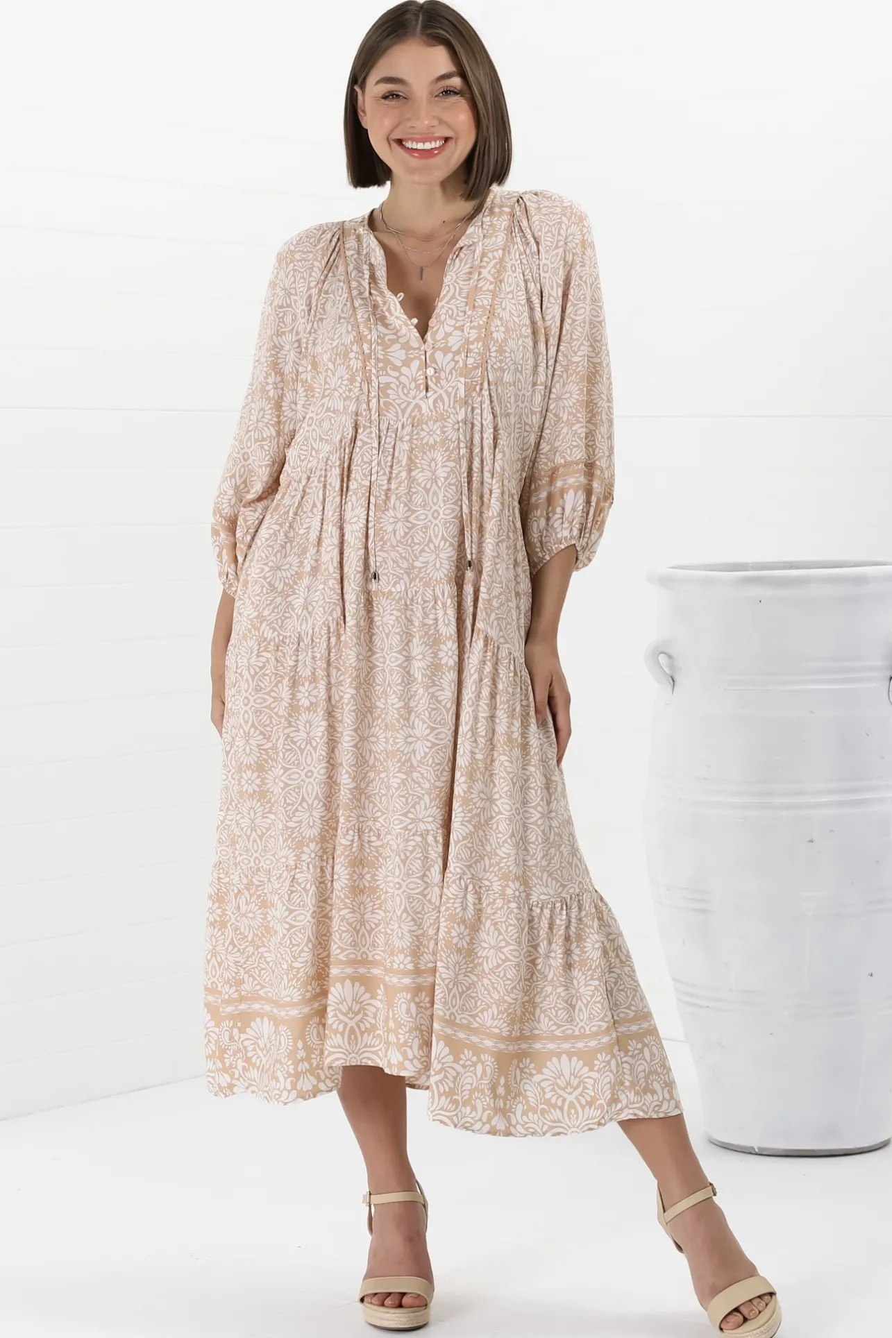 Kamali Midi Dress - Batwing Sleeve Smock Dress with Lace Detailing in Harley Print Beige>Salty Crush Online