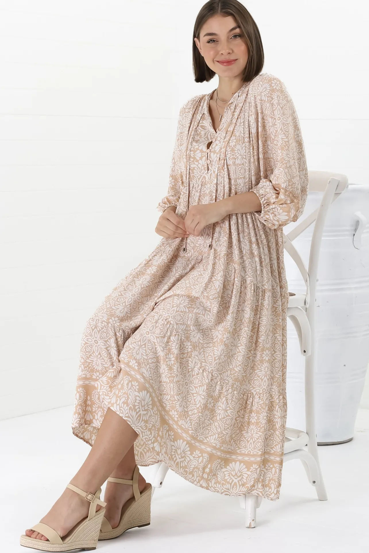 Kamali Midi Dress - Batwing Sleeve Smock Dress with Lace Detailing in Harley Print Beige>Salty Crush Online