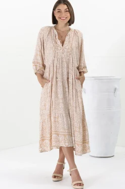 Kamali Midi Dress - Batwing Sleeve Smock Dress with Lace Detailing in Harley Print Beige><noscript><img width=