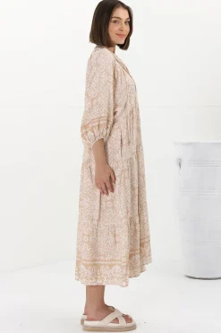 Kamali Midi Dress - Batwing Sleeve Smock Dress with Lace Detailing in Harley Print Beige><noscript><img width=
