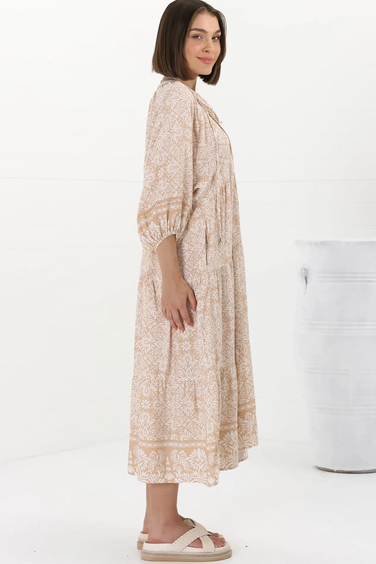 Kamali Midi Dress - Batwing Sleeve Smock Dress with Lace Detailing in Harley Print Beige>Salty Crush Online
