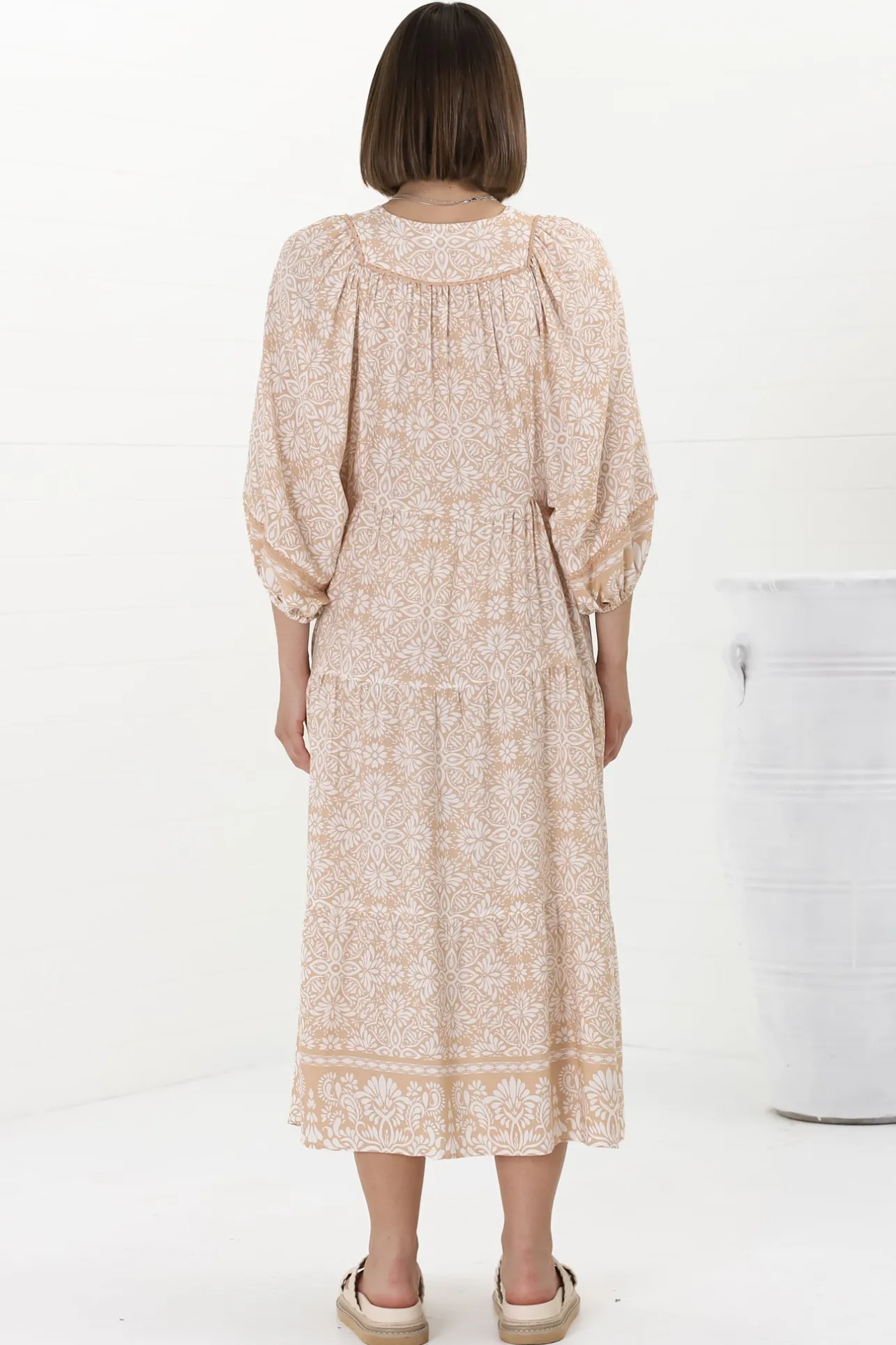 Kamali Midi Dress - Batwing Sleeve Smock Dress with Lace Detailing in Harley Print Beige>Salty Crush Online